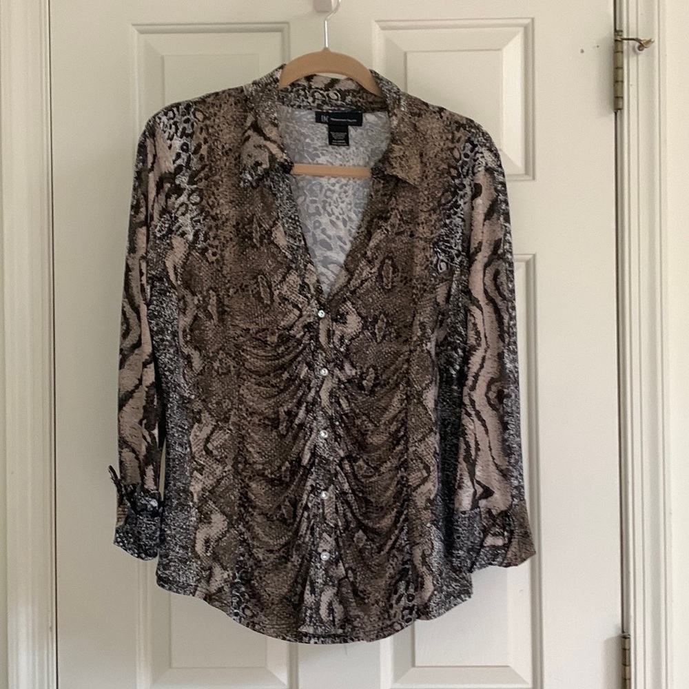 Animal print long sleeve button down with fitted bodice